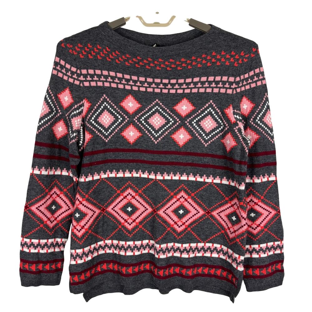 Talbots NEW wool blend boatneck sweater Large gray pink red geometric print
